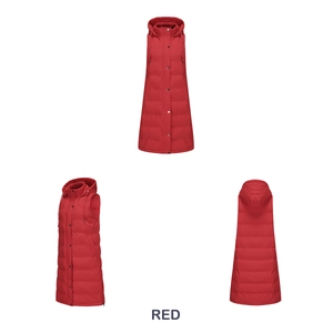 Detailed views of red long hooded quilted vest with metal snaps and drawstring details