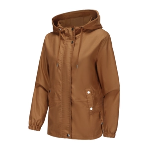 Detail view of brown hooded windbreaker with drawstring and snap buttons