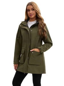 Close-up of military green waterproof jacket with drawstring hood and large flap pockets