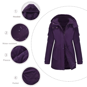 Close-up of women's purple jacket with water-resistant fabric and warm fleece lining
