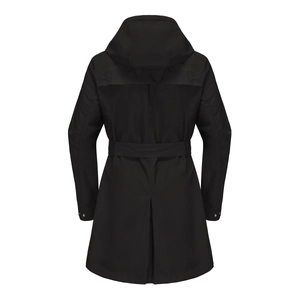 Back view of a black hooded windbreaker with waist belt and pleated back slit detail