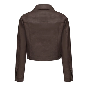 Detail view of dark brown leather jacket back showing professional stitching and seams