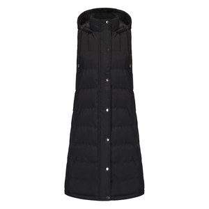 Detail view of women's long hooded vest featuring horizontal quilting and metal snaps
