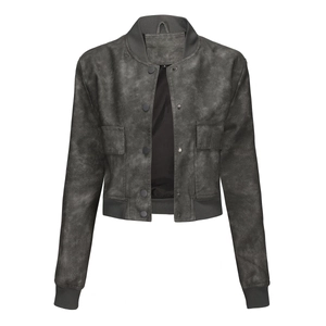 Detail of ribbed knit cuffs and vintage faux leather texture on oversized bomber jacket