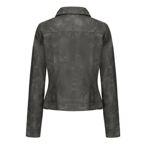 Detailed back view of dark grey faux leather motorcycle jacket with sleek tailored seams