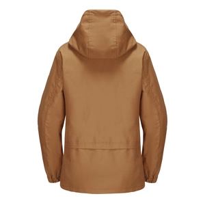 Back view of a casual khaki hooded windbreaker with detailed waist stitching and elastic cuffs