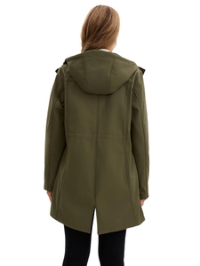 Back view of army green hooded rain jacket featuring split seam and fishtail hem detail