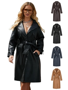 Elegante Dames Lange PU Leren Trenchcoat Oversized Winddichte Jas Revers Kunstleren Mantel Outwear Kantoor Herfst