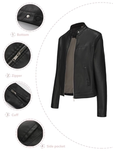 Detailed close-up showing zipper, cuff, and metal buckle on black faux leather jacket