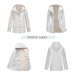 Detail view of white grey hooded parka with fleece lining and adjustable drawstring hood