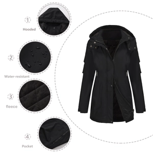 Detail view of waterproof black parka jacket showing warm fleece lining and hood