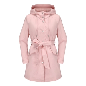 Detail of pink waterproof windbreaker showing hood drawstring and metal snap buttons