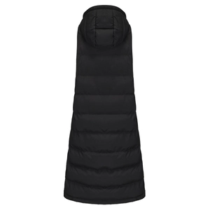 Detail view of the quilted horizontal padding and hood on this black longline vest