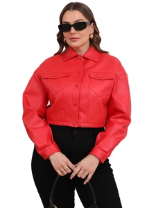 Women's plus size short red faux leather jacket with lapel and buttoned chest pockets