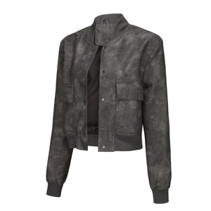 Close-up of charcoal grey oversized jacket with textured fabric and cargo flap pockets