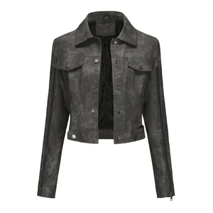 Detail of grey biker jacket featuring metallic zippers along sleeves and flap pockets