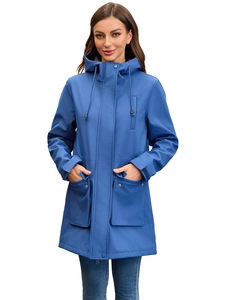 Detail of blue waterproof hooded rain jacket with adjustable drawstrings and large pockets