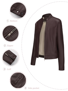 Detailing the zipper, cuffs, side pockets, and bottom hem of a dark wine red leather jacket