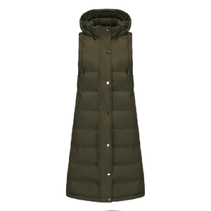 Close-up of army green hooded quilted long vest featuring metal snap button closure