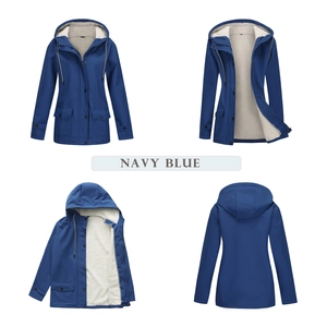 Navy blue women's hooded windbreaker featuring warm white fleece lining and four view angles