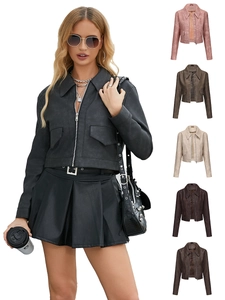 Women Casual Faux Leather Jacket Cropped Lapel Zipper Long Sleeve PU Moto Biker Outerwear Coat With Pockets Solid Color