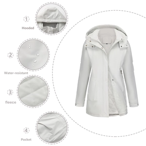 Close-up of white water-resistant winter parka with warm fleece lining and hood details
