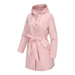 Detailed view of women's pink hooded raincoat with adjustable drawstring and waist belt