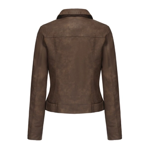 Detail view of the back of a vintage dark brown leather jacket with stitching details