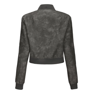 Close-up back view of dark gray oversized jacket with vintage washed texture and ribbed hem
