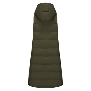 Rear view of long hooded quilted puffer vest in olive green featuring horizontal stitching
