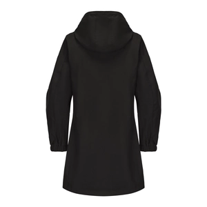 Rückansicht der schwarzen Kapuzen-Windjacke mit wasserfestem Stoff und elastischen Bündchen