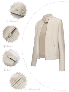 Detail view of beige faux leather jacket showing standing collar and metal zipper pockets