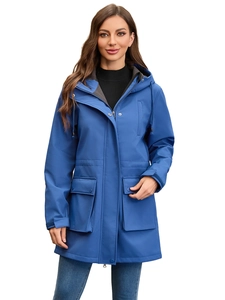 Detail of dark blue hooded raincoat featuring adjustable drawstrings and flap pockets