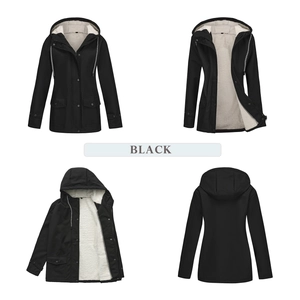 Multi-angle views of a black hooded parka jacket featuring soft white fleece lining
