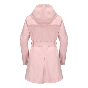 Rear view of a pink hooded trench coat with adjustable waist belt and pleated back hem detail
