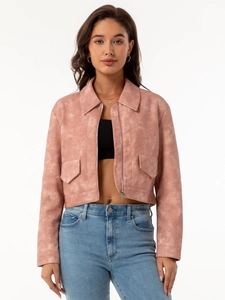 Women's pink faux suede jacket with lapel and metal zipper for casual spring fashion