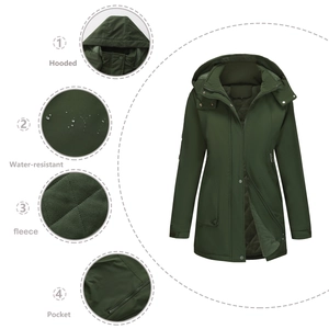 Women's hiking jacket with waterproof shell, warm fleece lining, and detachable hood
