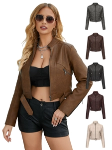 Damen Casual Kunstleder Bikerjacke Mit Gürtel Langarm Revers Reißverschluss Moto Mantel Mode Kurz Oberbekleidung Frühling Herbst