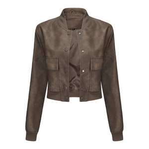 Close-up of vintage brown leather bomber jacket showing rib-knit cuffs and metal snap buttons