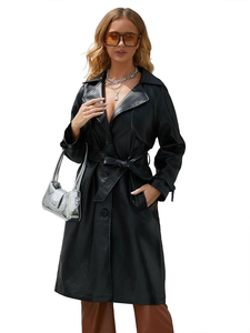 Onder de knie zwarte PU-leren dames trenchcoat met klassieke revers en tailleriem