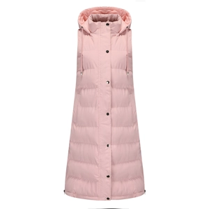 Detailed view of pink hooded long puffer vest featuring horizontal quilting and snap buttons