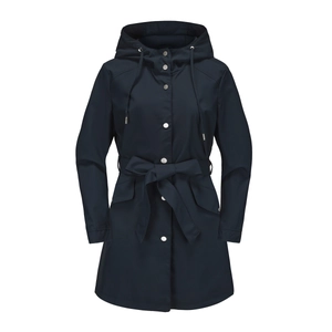 Detail of navy blue hooded trench coat with adjustable drawstring and metal snap buttons