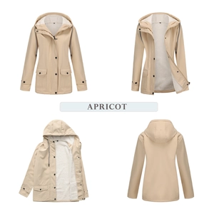 Detailed views of apricot hooded parka with warm fleece lining and functional pockets