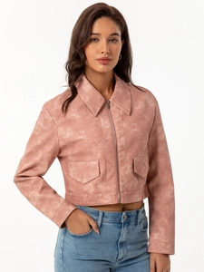 Women's pink faux suede moto jacket with collar and zip closure in casual spring style