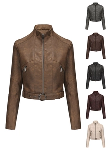 Kurze Damen Motorradjacke aus Kunstleder mit Gürtel und Reißverschluss in sechs Farben