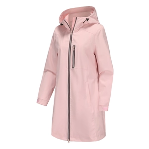 Detailansicht der rosa wasserabweisenden Softshelljacke mit Kapuze und Klettverschluss