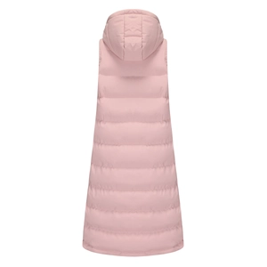 Rear view of long pink hooded vest with horizontal quilting and lightweight windproof fabric