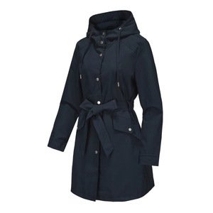 Detail showing hooded waterproof windbreaker with waist belt and metal snap buttons