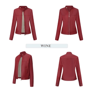 Front, side and back views of women's wine red faux leather jacket with stand collar
