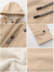 Detail showing waterproof fabric, plush fleece lining, and metal zipper of the beige parka